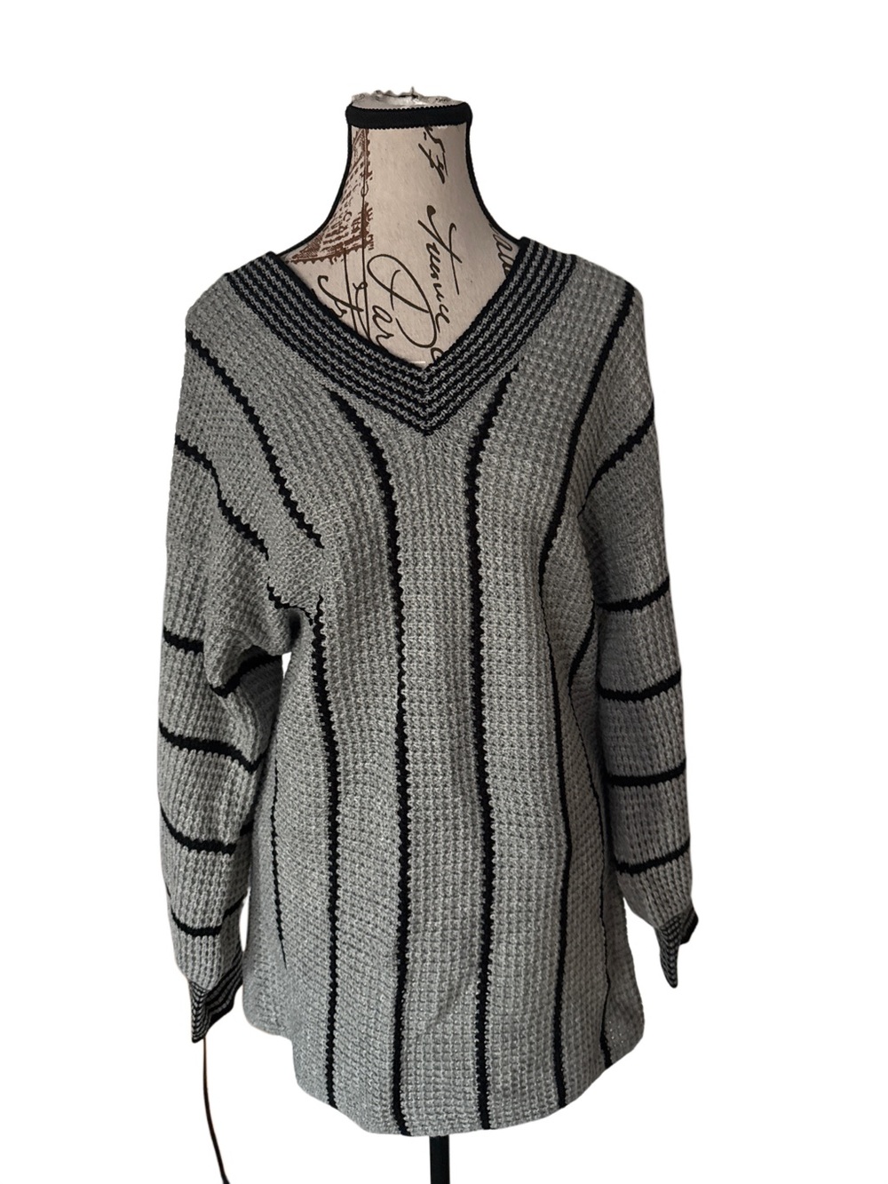 Grey V-Neck Waffle Knit Sweater with Black Stripes